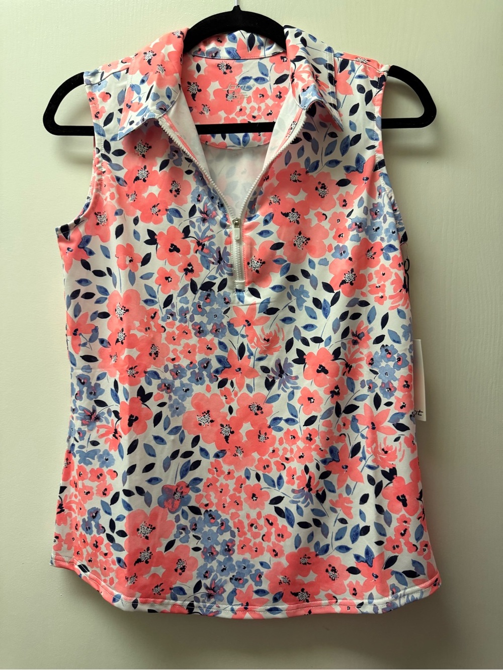 Jofit Coral & Blue Floral Zip-Front Sleeveless Polo